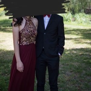 Red laced with designs long formal dress